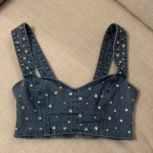 Show Me Your Mumu Denim Rhinestone Crop Top Western Studded Bustier (S)